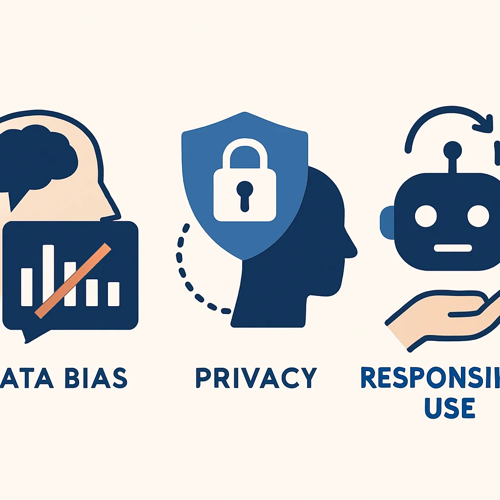 Imagen conceptual de consideraciones éticas de la IA, mostrando sesgo de datos, privacidad y uso responsable