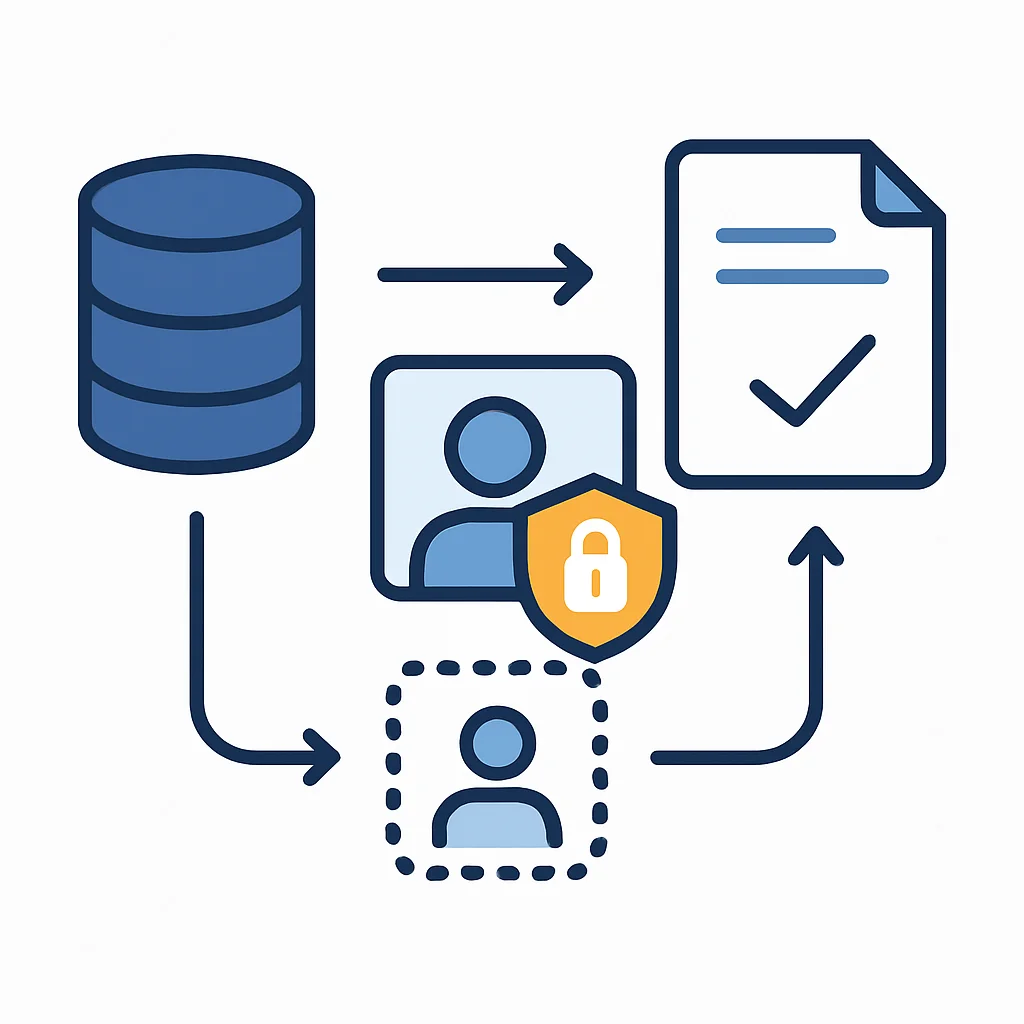 Diagrama de flujo de datos destacando medidas de privacidad como minimización de datos, anonimización y puntos de consentimiento