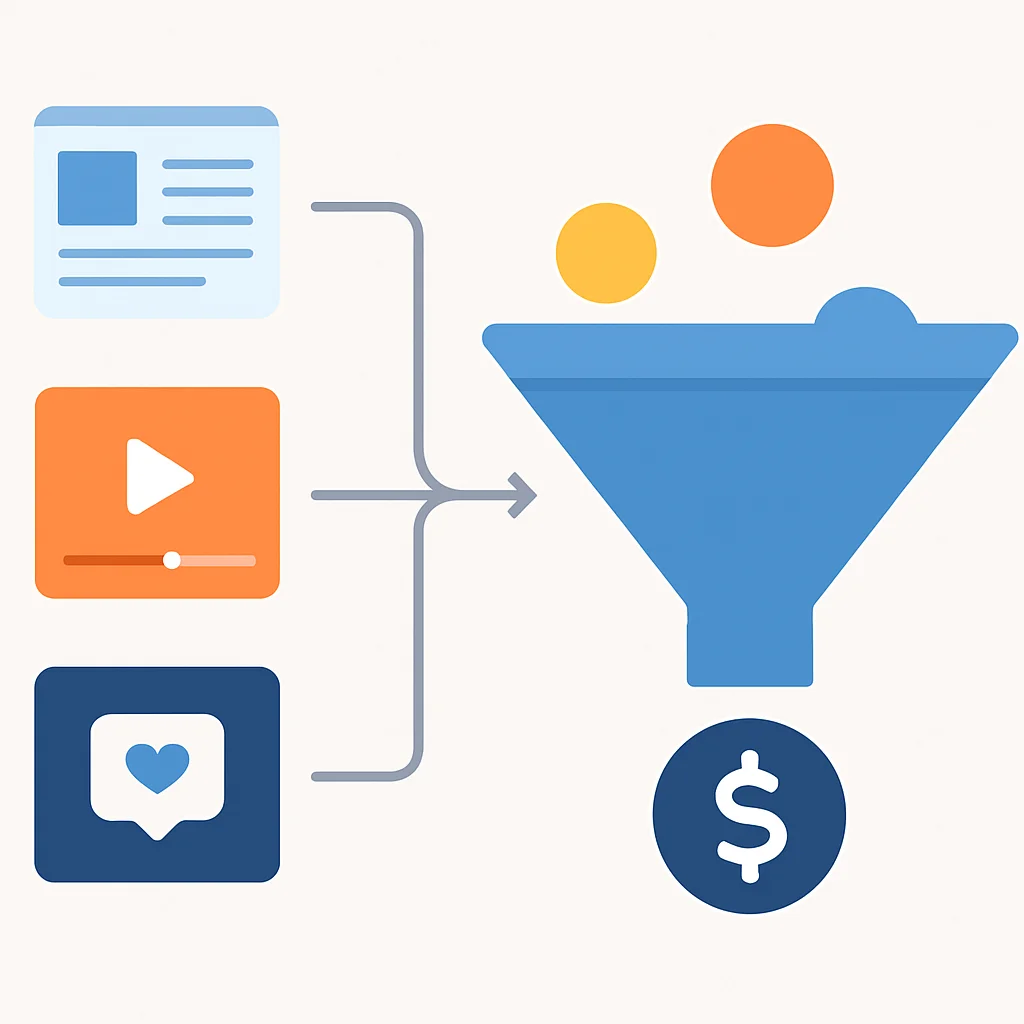 Diagrama detallado del embudo de creación de contenido para marketing de afiliados, desde publicaciones de blog hasta tutoriales en video y fragmentos de redes sociales