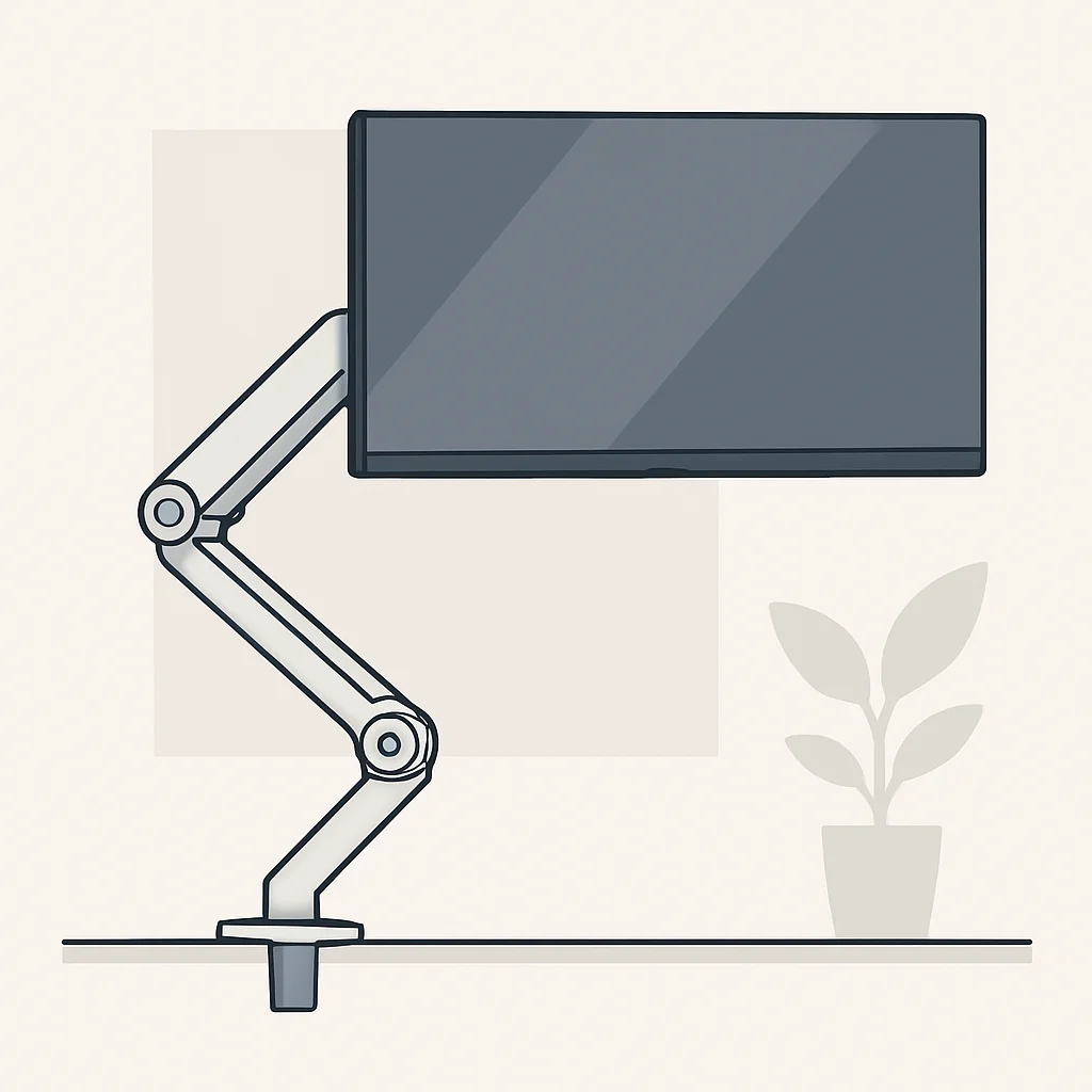 Detalle de un brazo de monitor ergonómico sosteniendo un monitor ultrawide, mostrando ajuste de altura e inclinación.