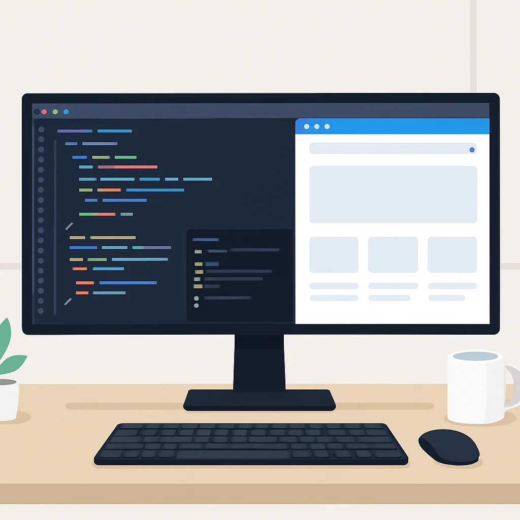 Escritorio de desarrollador con monitor ultrawide mostrando código, terminal y navegador. Configuración limpia y moderna.
