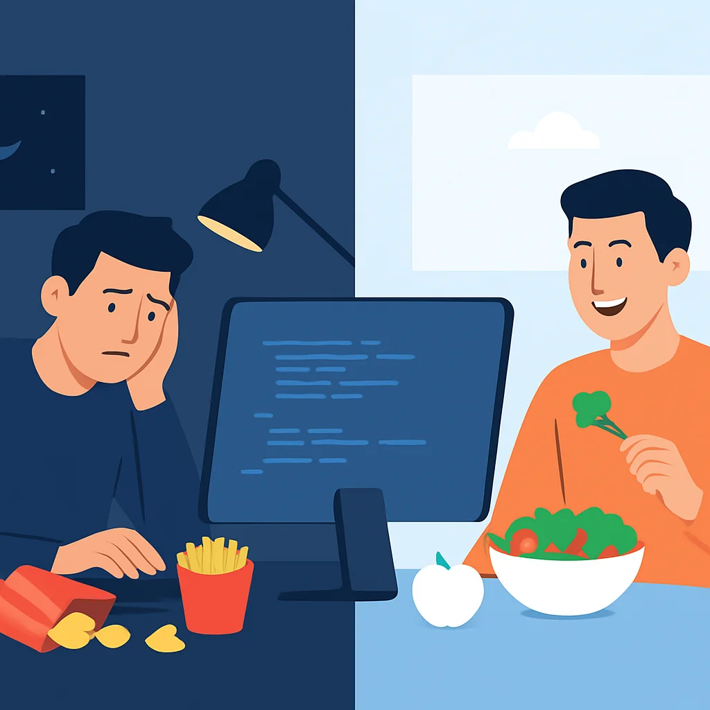 Desarrollador cansado con comida poco saludable vs. desarrollador energético con alimentación sana