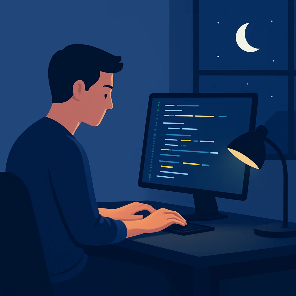 Desarrollador trabajando en un proyecto secundario por la noche, con código en pantalla
