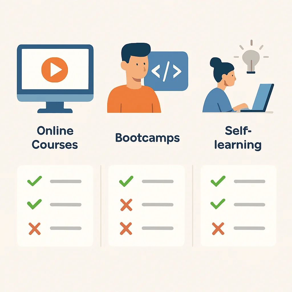 Diagrama comparativo de rutas de aprendizaje: cursos online, bootcamps y autoaprendizaje