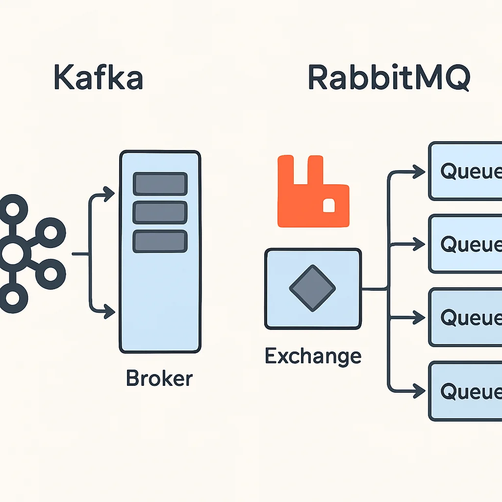 Diagrama comparativo de las arquitecturas de Kafka y RabbitMQ, resaltando sus componentes y flujo de mensajes