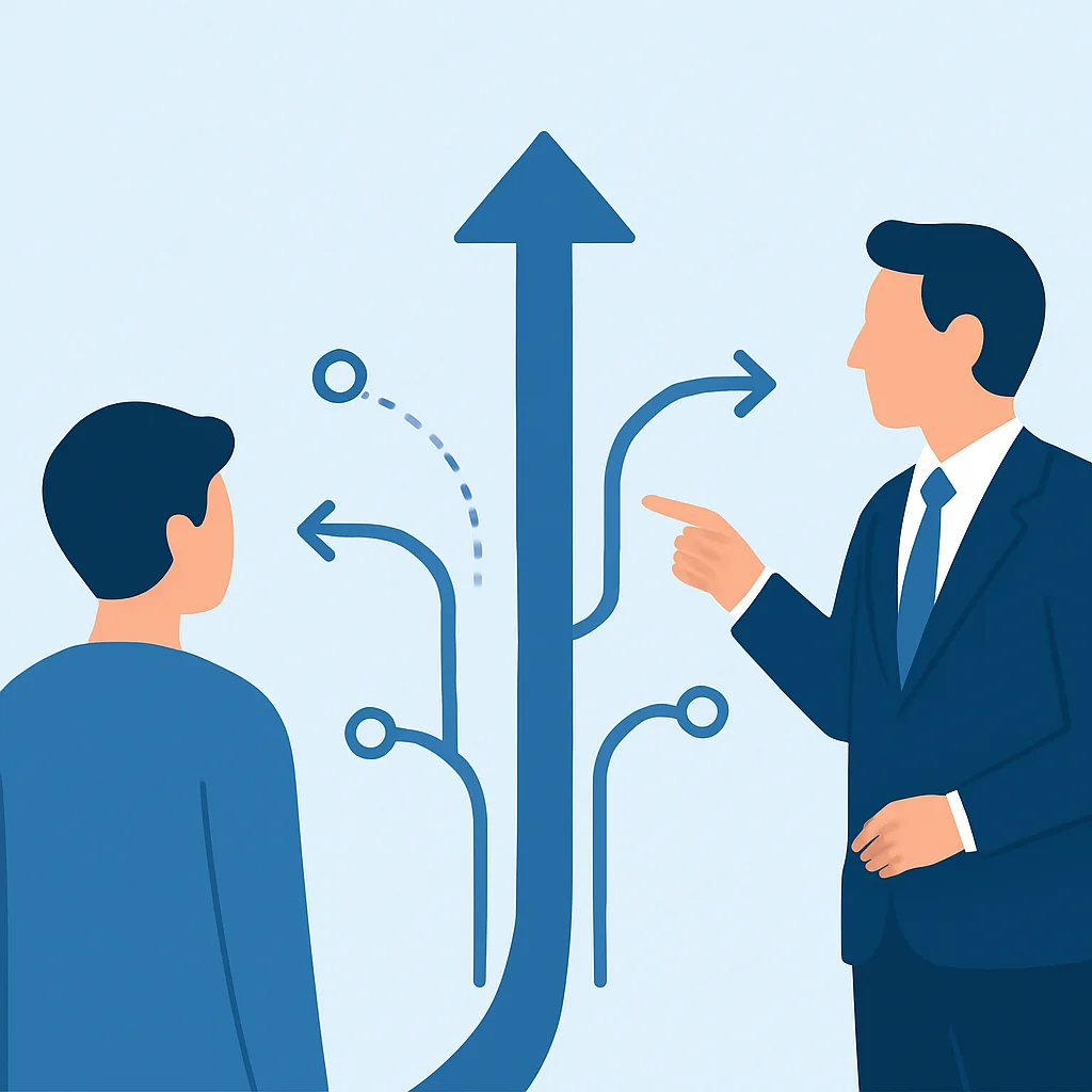 Diagrama que ilustra una trayectoria profesional con varias opciones, y una figura de mentor señalando una dirección estratégica
