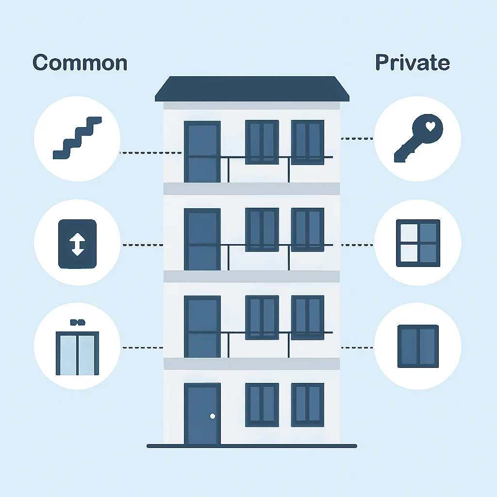 Diagrama que ilustra elementos comunes y privados en un edificio de apartamentos