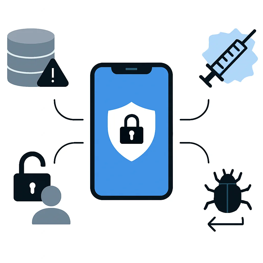 Diagrama ilustrativo de vectores de ataque comunes en apps móviles como almacenamiento de datos inseguro, inyección, autenticación débil e ingeniería inversa