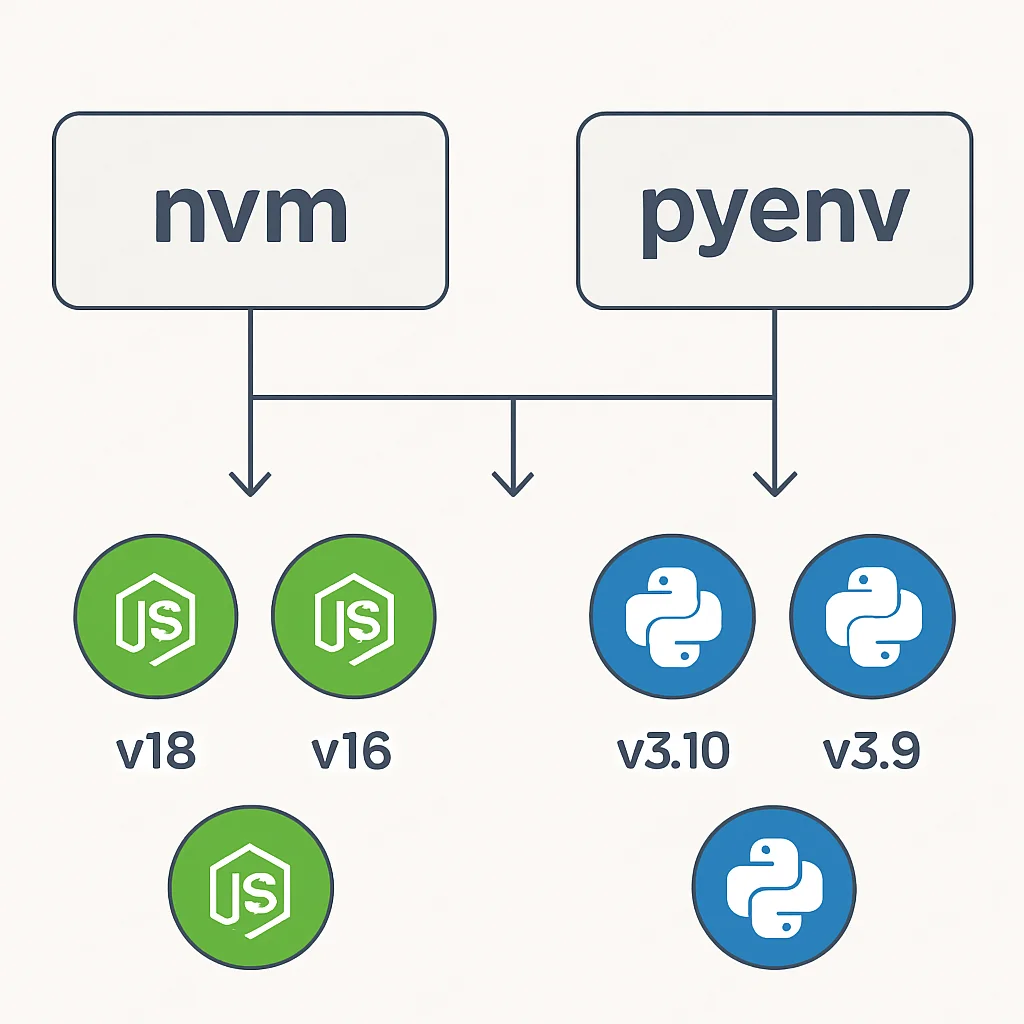 Diagrama de cómo nvm y pyenv gestionan versiones de Node.js y Python
