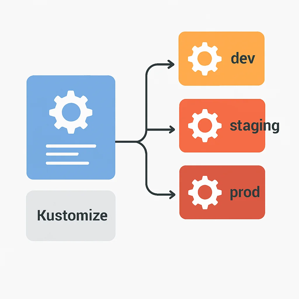 Diagrama que ilustra las superposiciones de Kustomize para diferentes entornos (desarrollo, staging, producción)