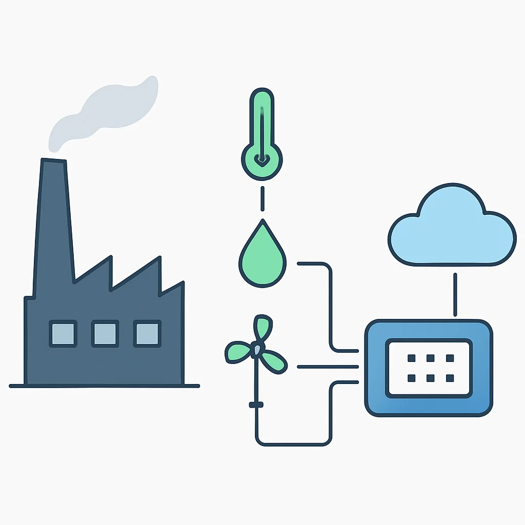 Diagrama de una configuración de Edge Computing para monitoreo ambiental en fábrica, mostrando sensores, dispositivo Edge y conexión a la nube