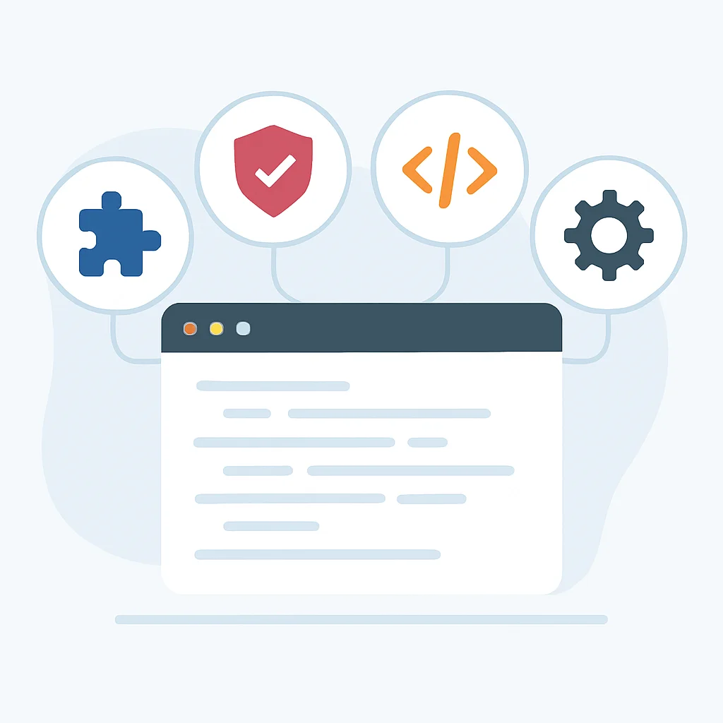 Diagrama de navegador de desarrollador con extensiones destacadas, ilustrando un flujo de trabajo optimizado