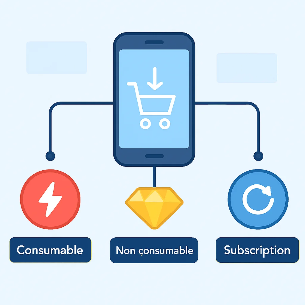 Diagrama de flujos de diferentes tipos de compras in-app
