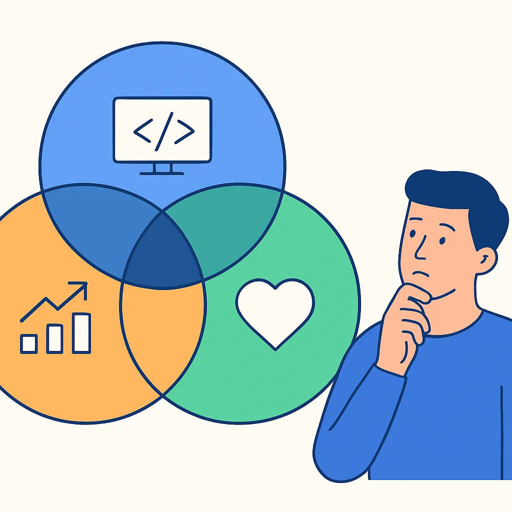 Diagrama mostrando cómo identificar un nicho para desarrolladores: intersección de habilidades, pasión y demanda del mercado