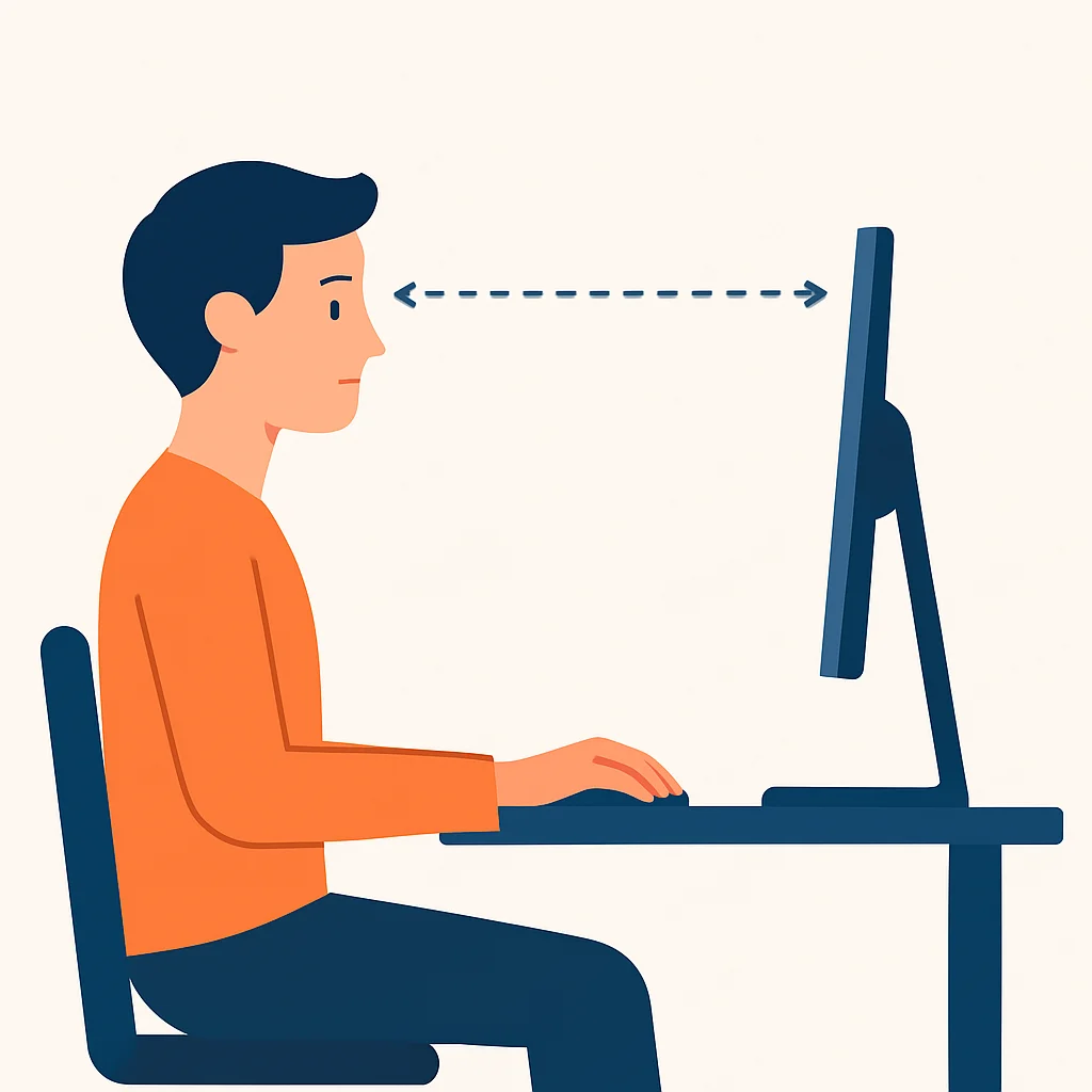 Diagrama que muestra la altura y distancia correctas del monitor para el usuario, ilustrando el borde superior a la altura de los ojos y la distancia de un brazo.