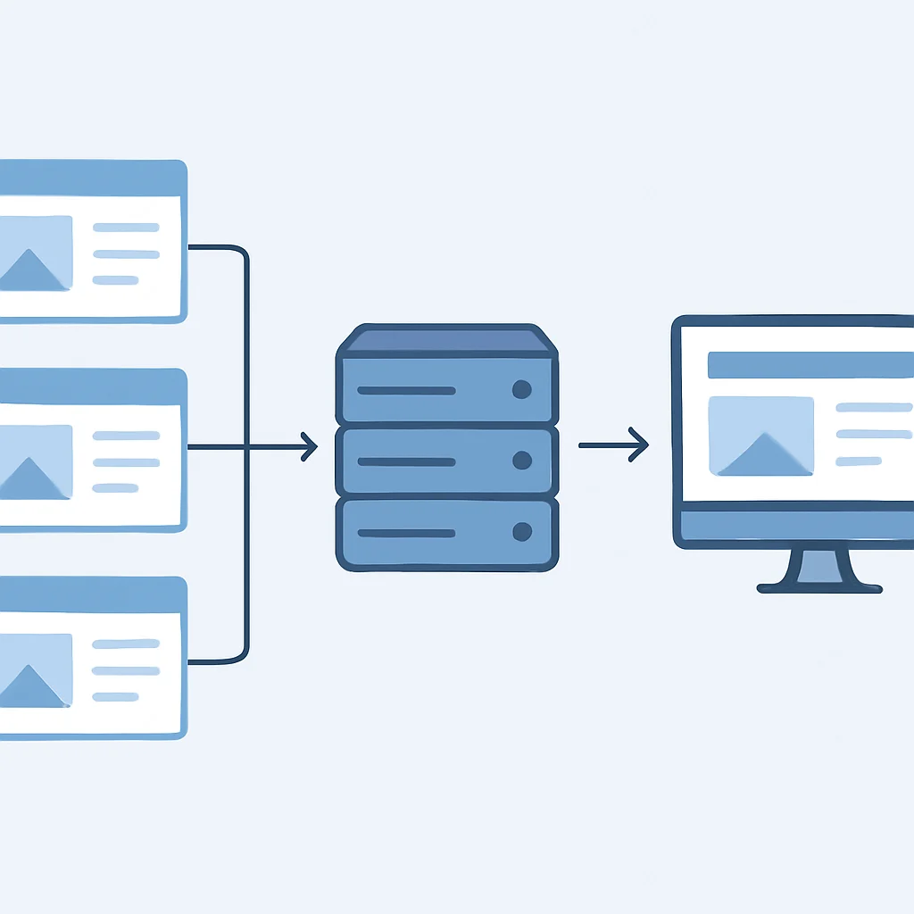 Diagrama de inclusión del lado del servidor donde un servidor web une fragmentos HTML de múltiples micro-frontends antes de enviar al cliente
