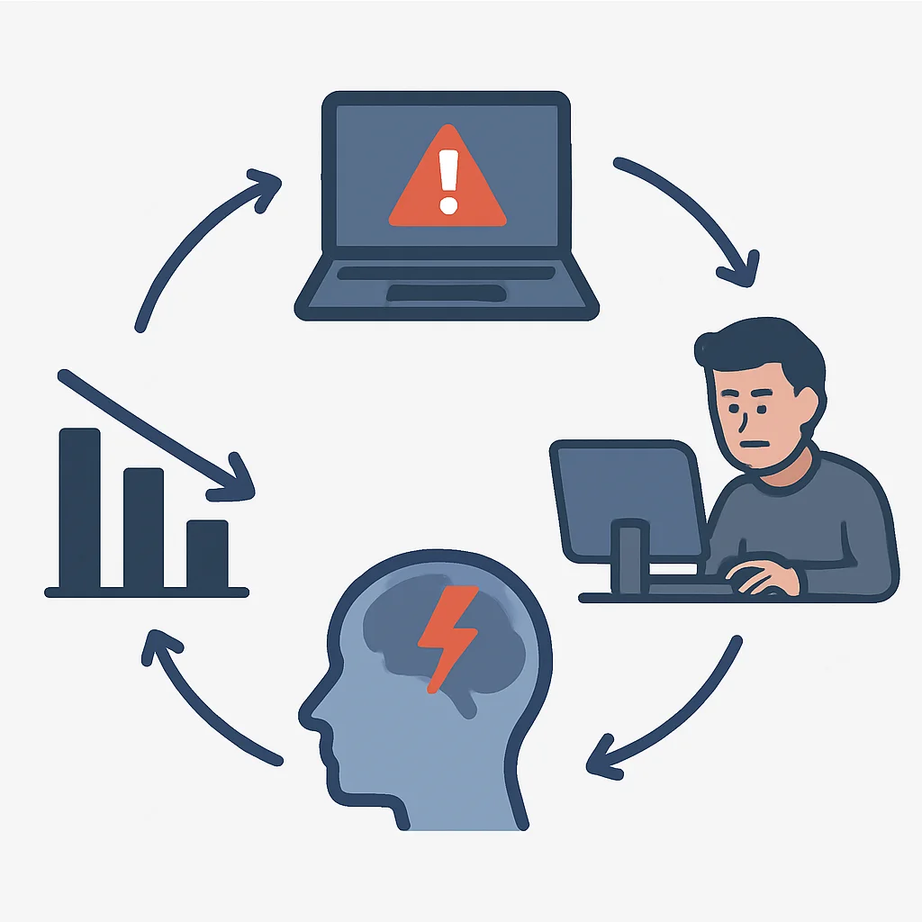 Diagrama que muestra el ciclo de la sobrecarga digital y sus impactos negativos en la productividad y la salud mental del desarrollador