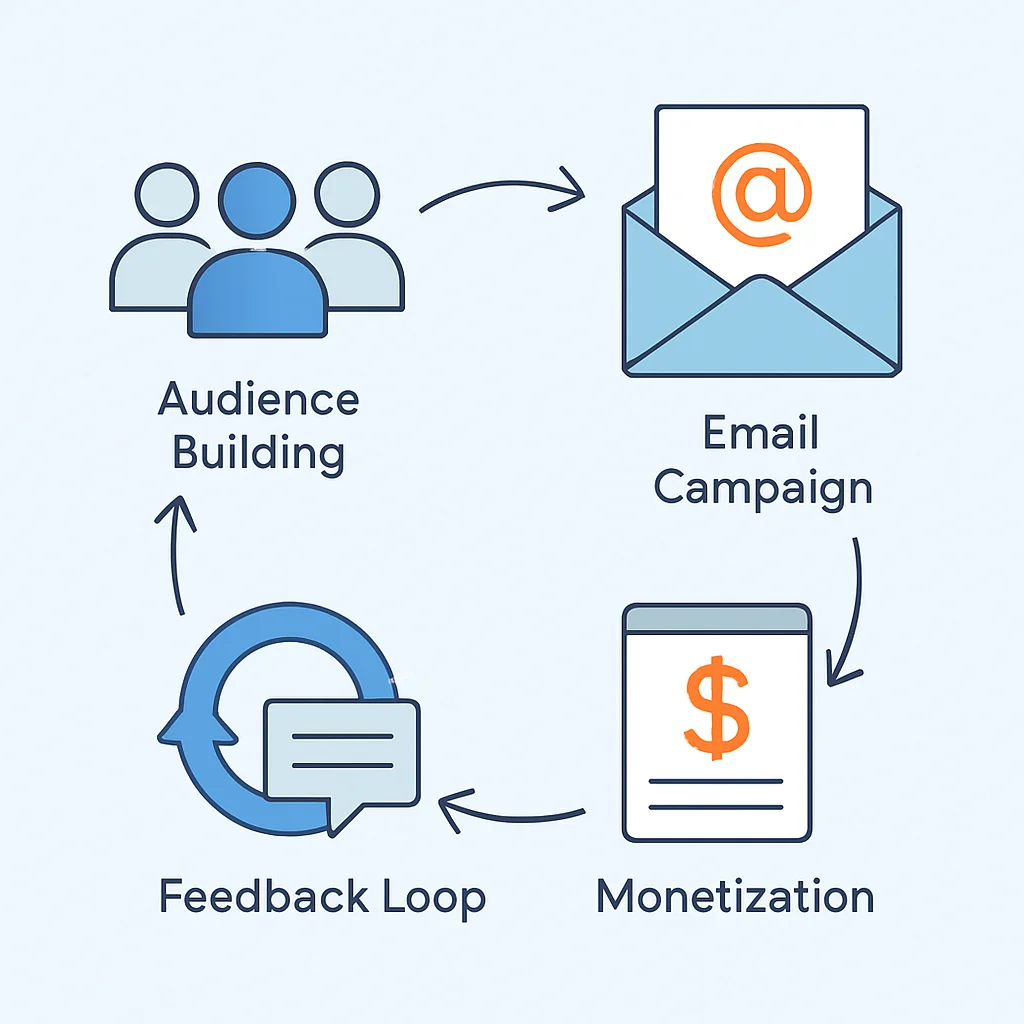 Diagrama del ciclo de vida del email marketing para desarrolladores: construcción de audiencia, contenido, monetización y retroalimentación