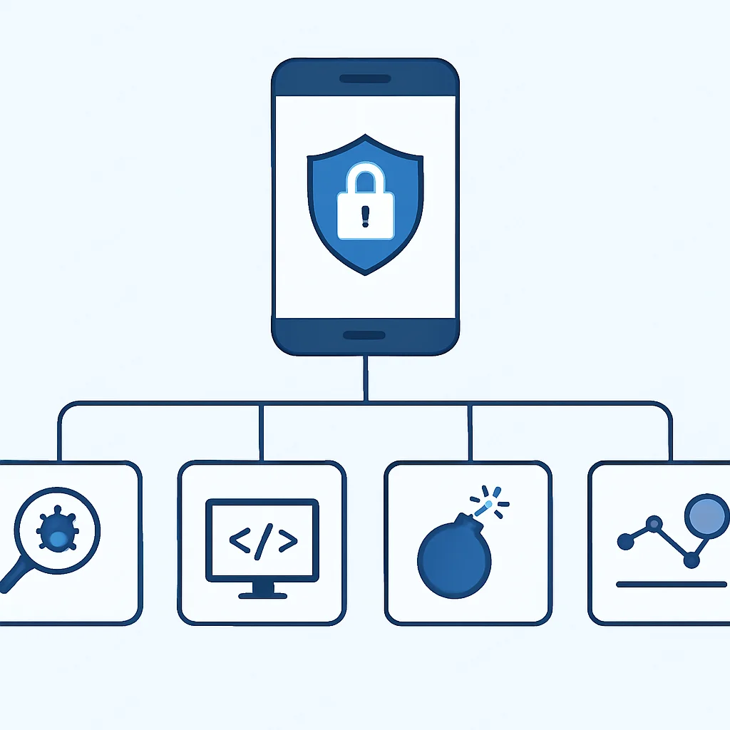 Diagrama de flujo de la metodología de pruebas de seguridad de apps móviles, incluyendo SAST, DAST, pentesting y monitoreo continuo