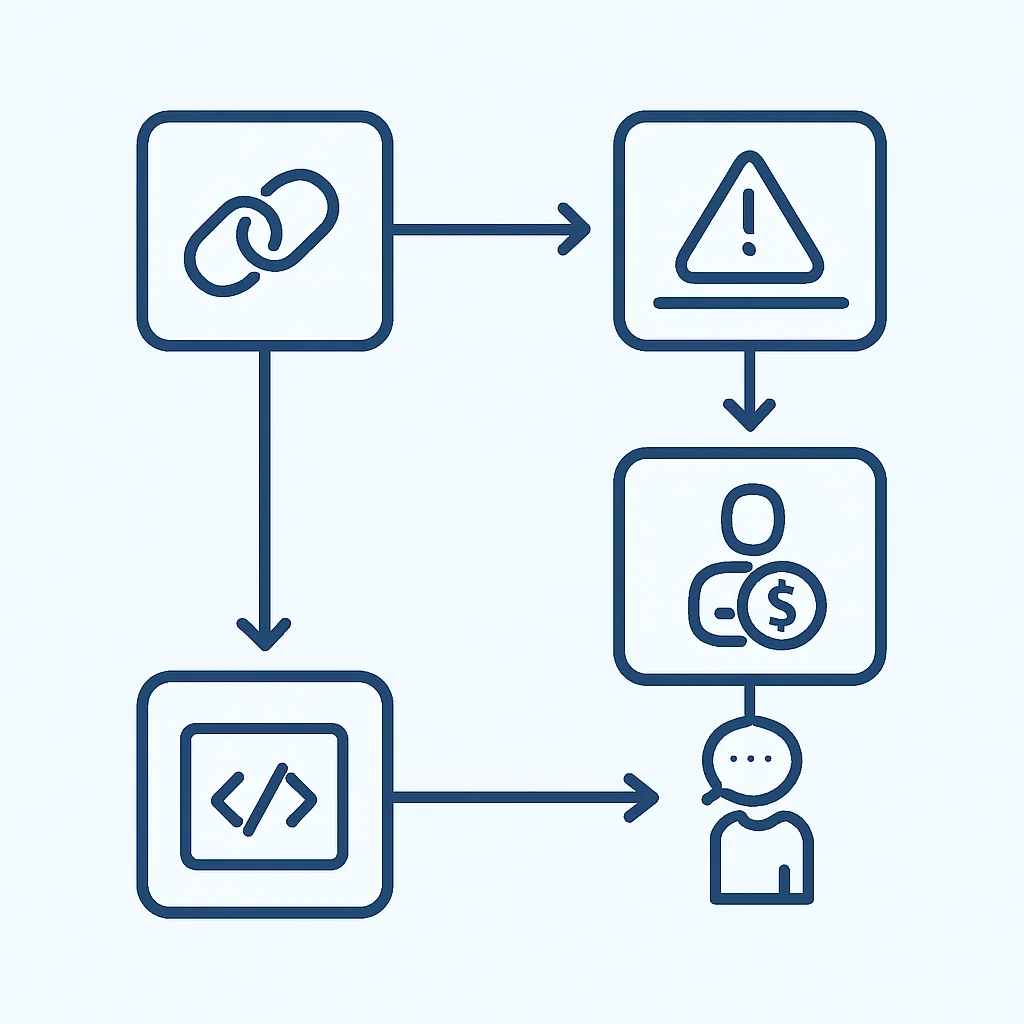 Diagrama de flujo mostrando desafíos comunes del marketing de afiliados y sus soluciones para desarrolladores