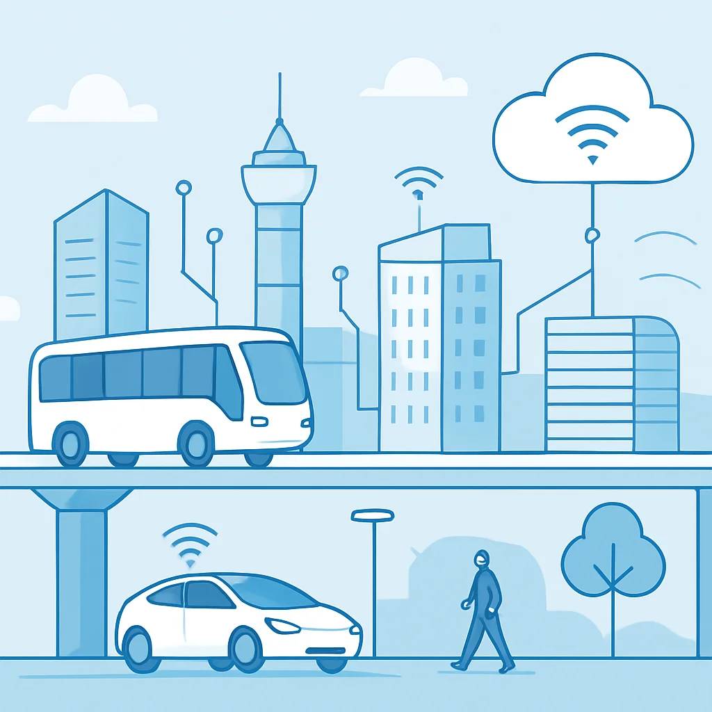 Ciudad futurista impulsada por Edge Computing, mostrando infraestructura inteligente y vehículos autónomos