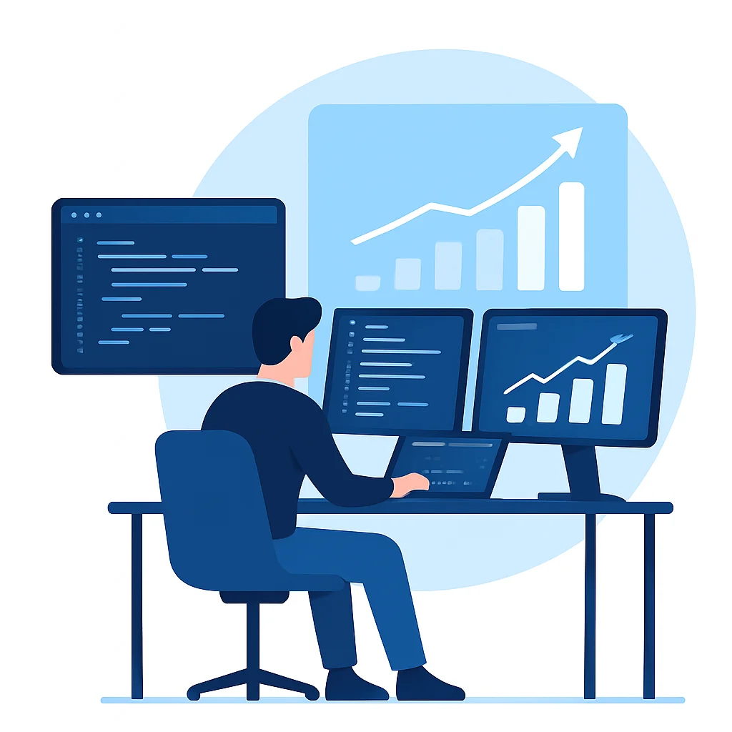 Desarrollador futurista trabajando en múltiples pantallas con gráficos de ingresos de fondo, simbolizando ingresos pasivos