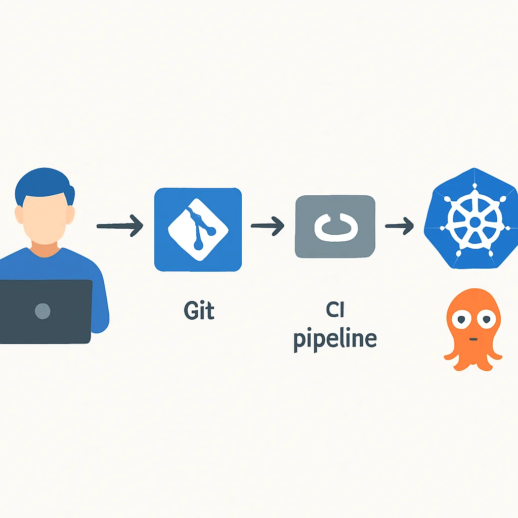Diagrama de flujo de GitOps mostrando desarrolladores, CI y Argo CD sincronizando con Kubernetes