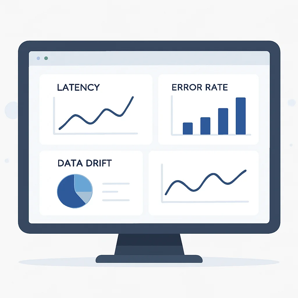 Dashboard de Grafana mostrando métricas de rendimiento del modelo como latencia, tasa de error y drift de datos