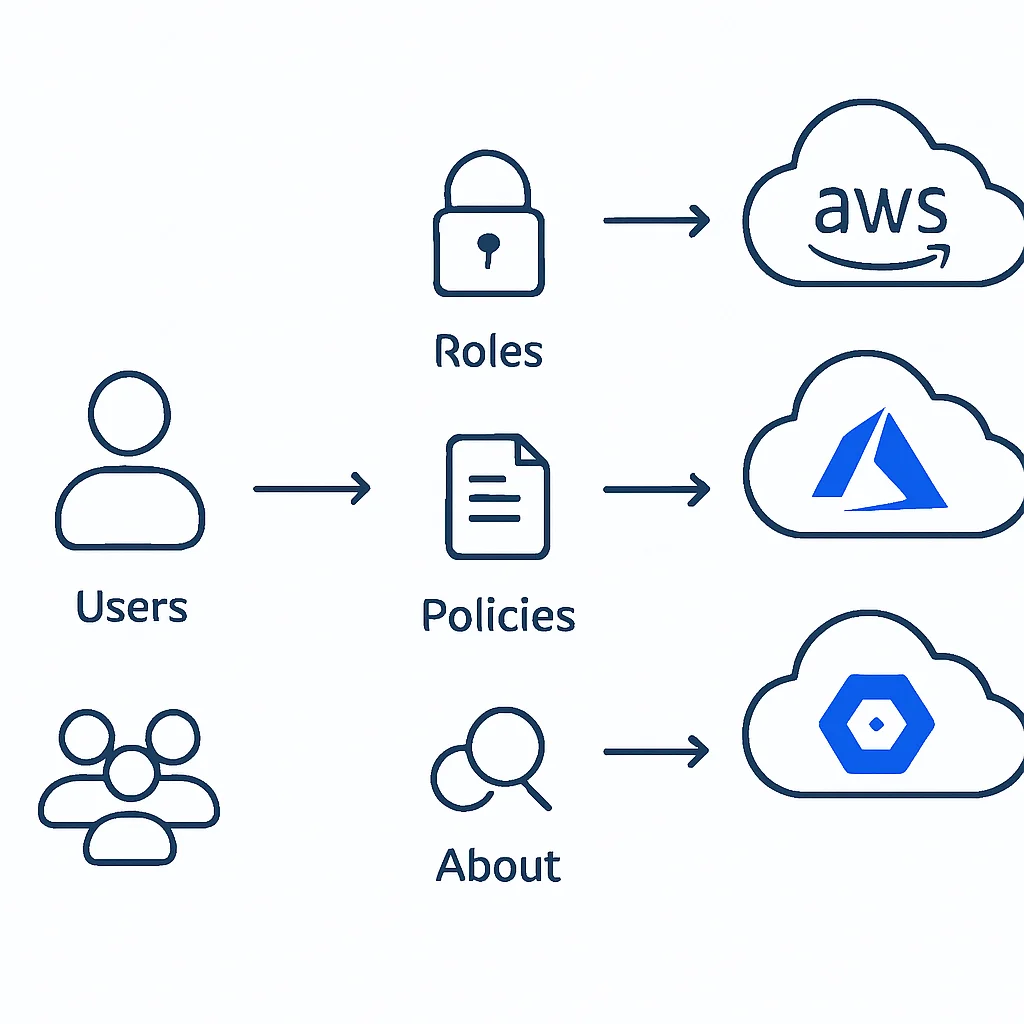 Diagrama de arquitectura IAM mostrando la interacción de usuarios, grupos, roles y políticas con recursos en la nube de AWS, Azure y GCP