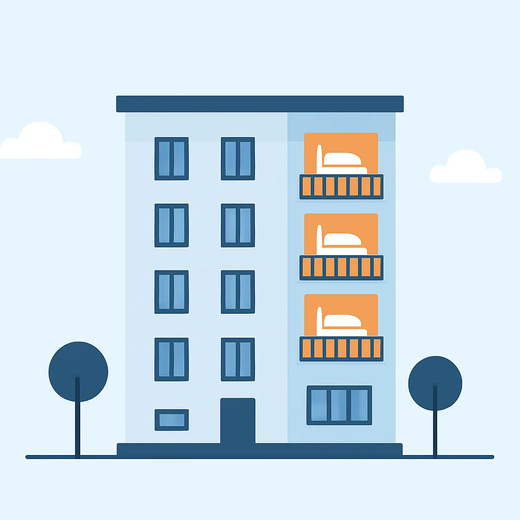 Ilustración de un edificio de apartamentos residencial con algunas unidades destacadas como alquileres turísticos