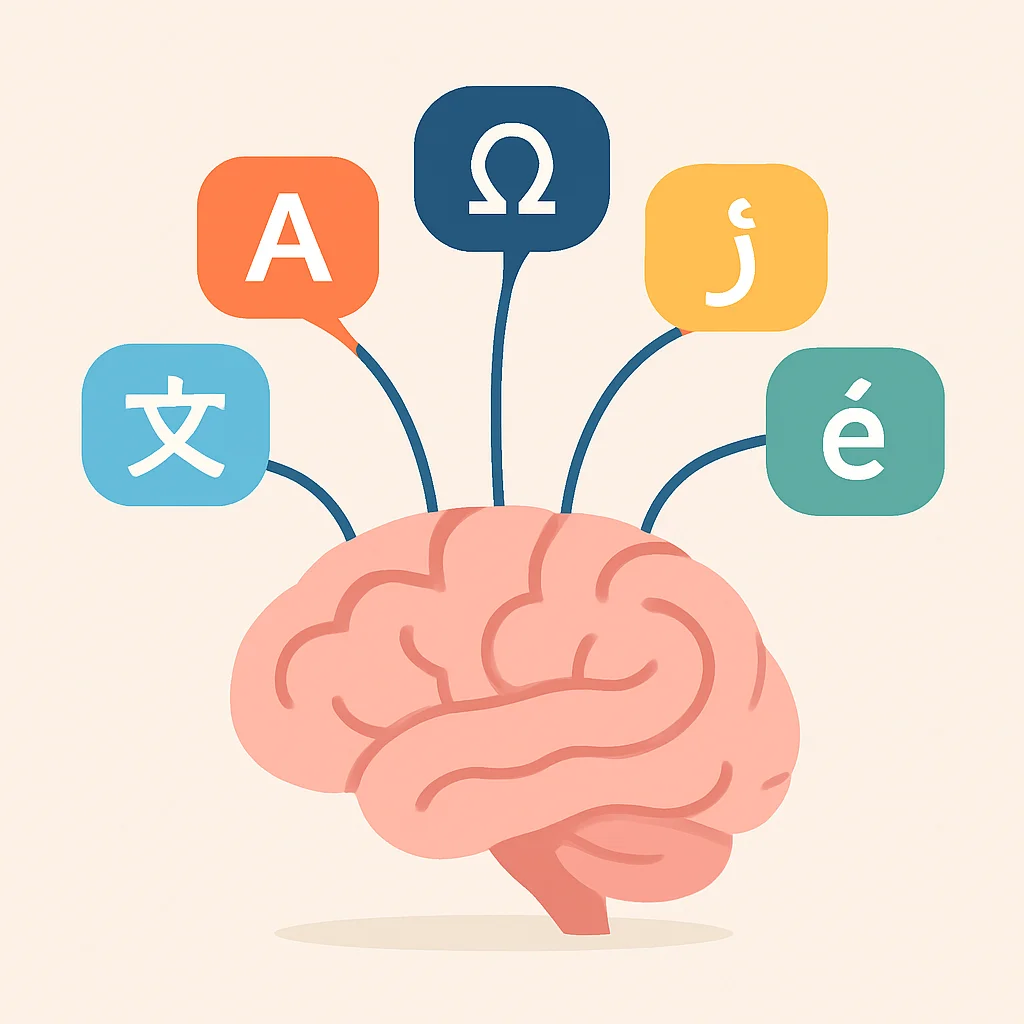 Ilustración de un cerebro con símbolos de diferentes idiomas, representando los beneficios cognitivos del multilingüismo