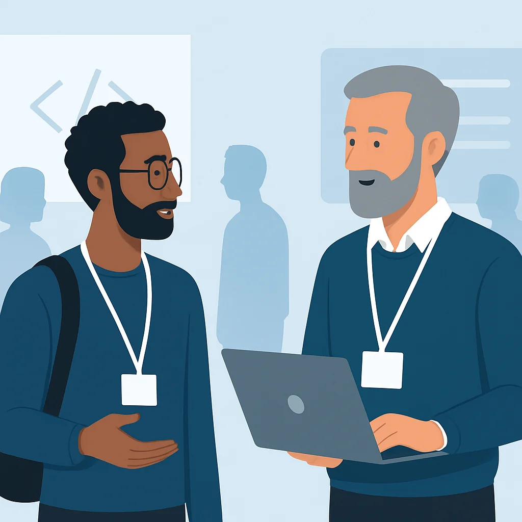 Ilustración de un desarrollador haciendo networking en una conferencia tecnológica, hablando con un desarrollador senior