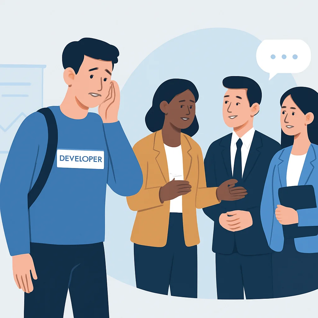Ilustración de un desarrollador superando la timidez para hablar con otros profesionales en un evento