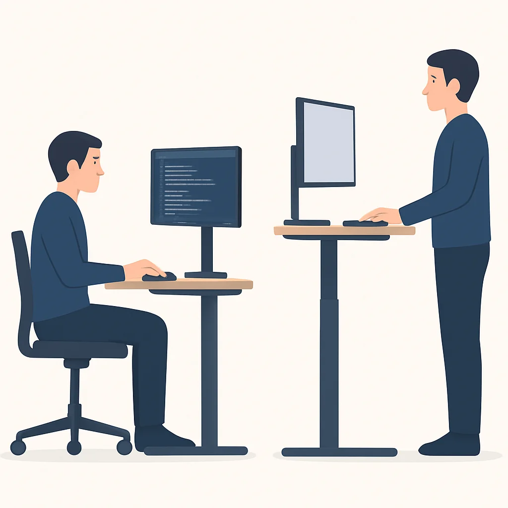 Ilustración de un desarrollador trabajando en un escritorio de altura ajustable, mostrando una postura correcta sentado y de pie con monitores duales.