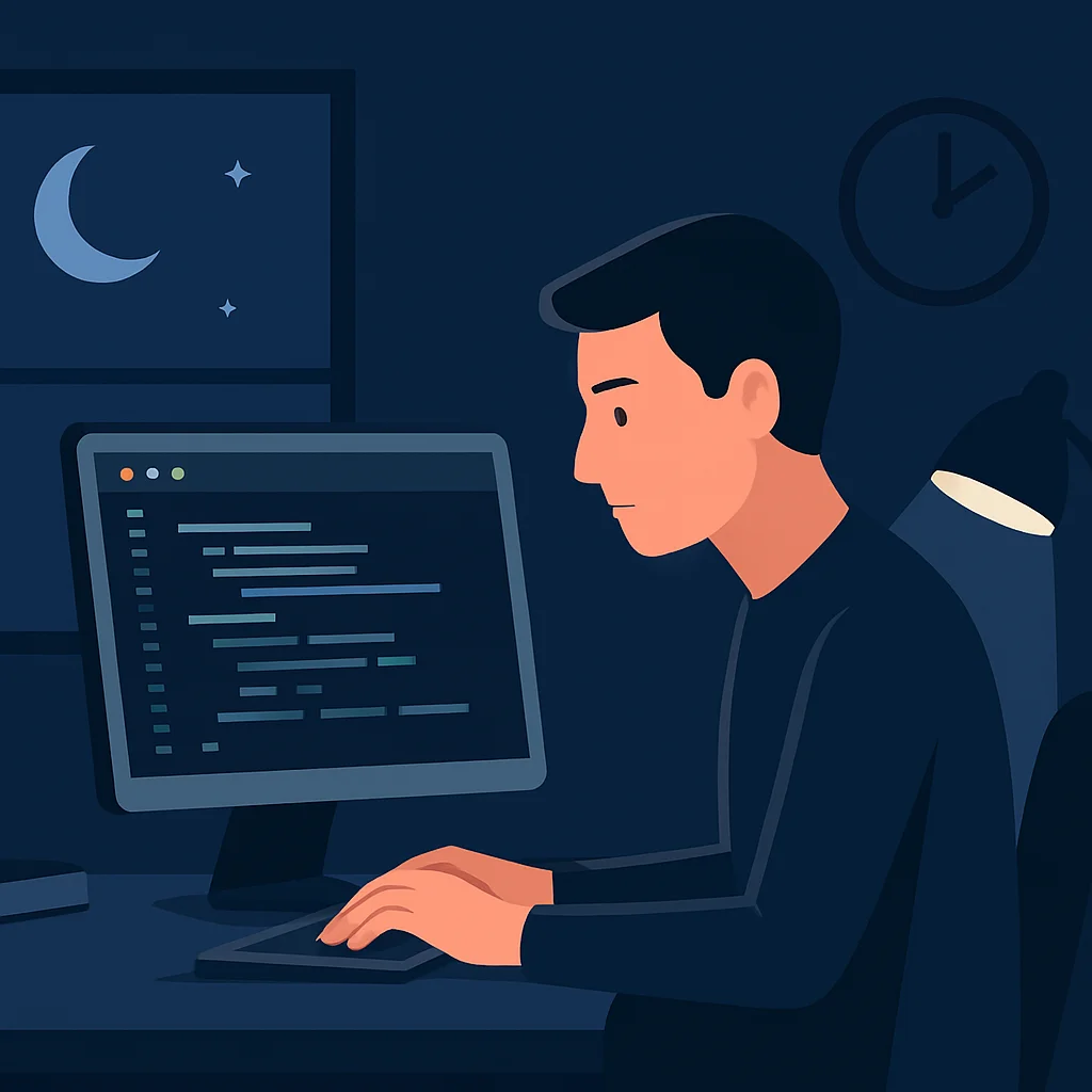 Ilustración de un desarrollador trabajando de noche con navegador en modo oscuro, mostrando confort visual