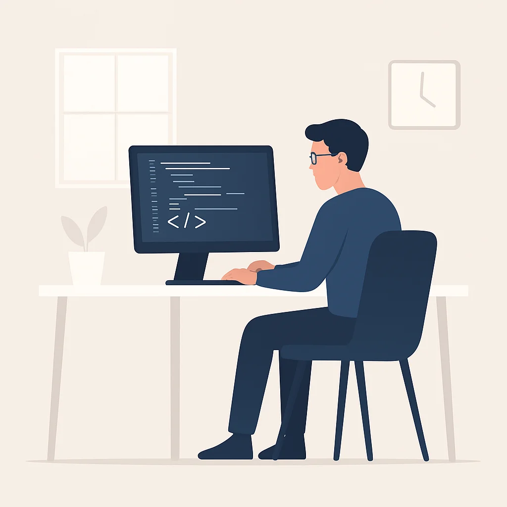 Ilustración de un desarrollador trabajando en un espacio de trabajo limpio y minimalista sin distracciones digitales