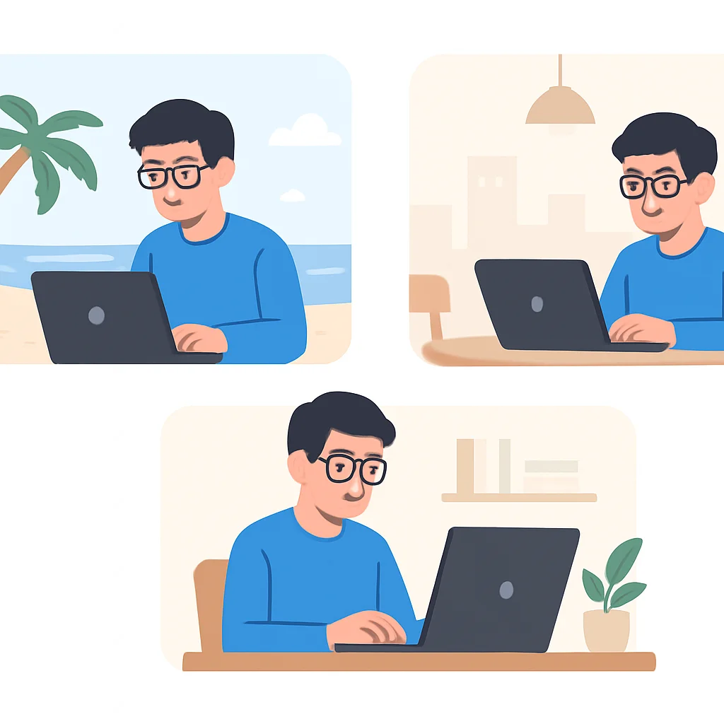 Ilustración de un desarrollador trabajando remotamente desde diferentes ubicaciones