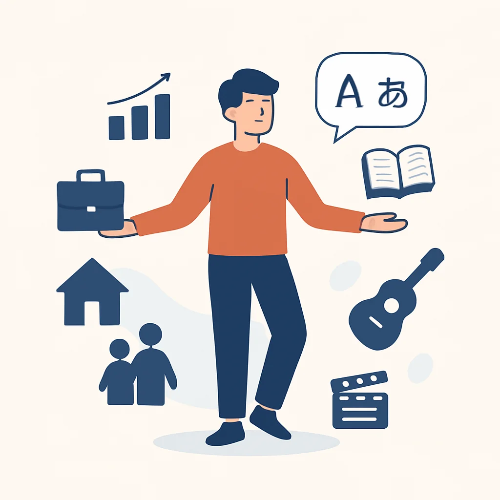 Ilustración de una persona equilibrando actividades diarias (trabajo, familia, hobbies) con el aprendizaje de idiomas, mostrando pequeños esfuerzos consistentes que llevan a la fluidez.
