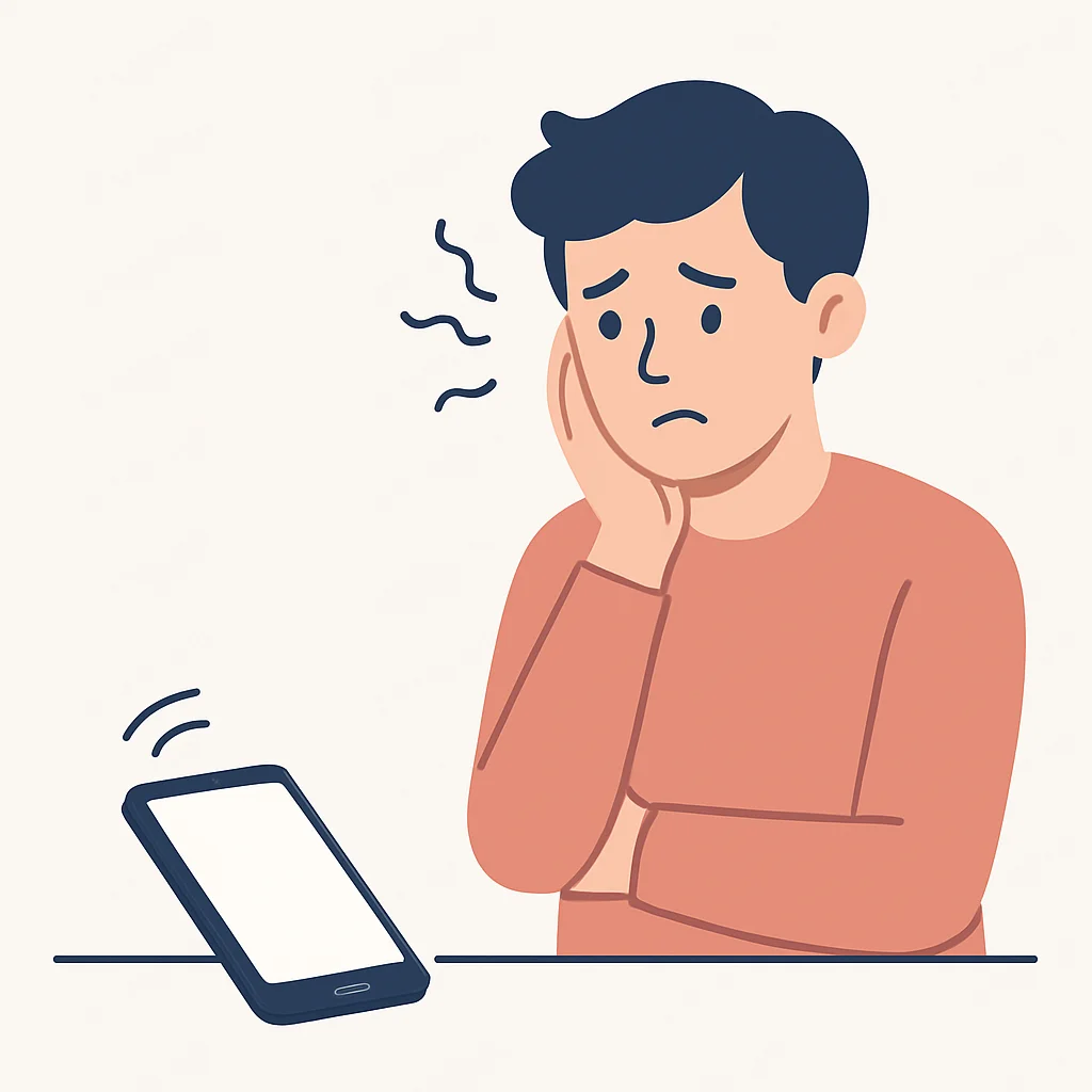 Ilustración de una persona sintiendo ansiedad sin su teléfono, representando la nomofobia