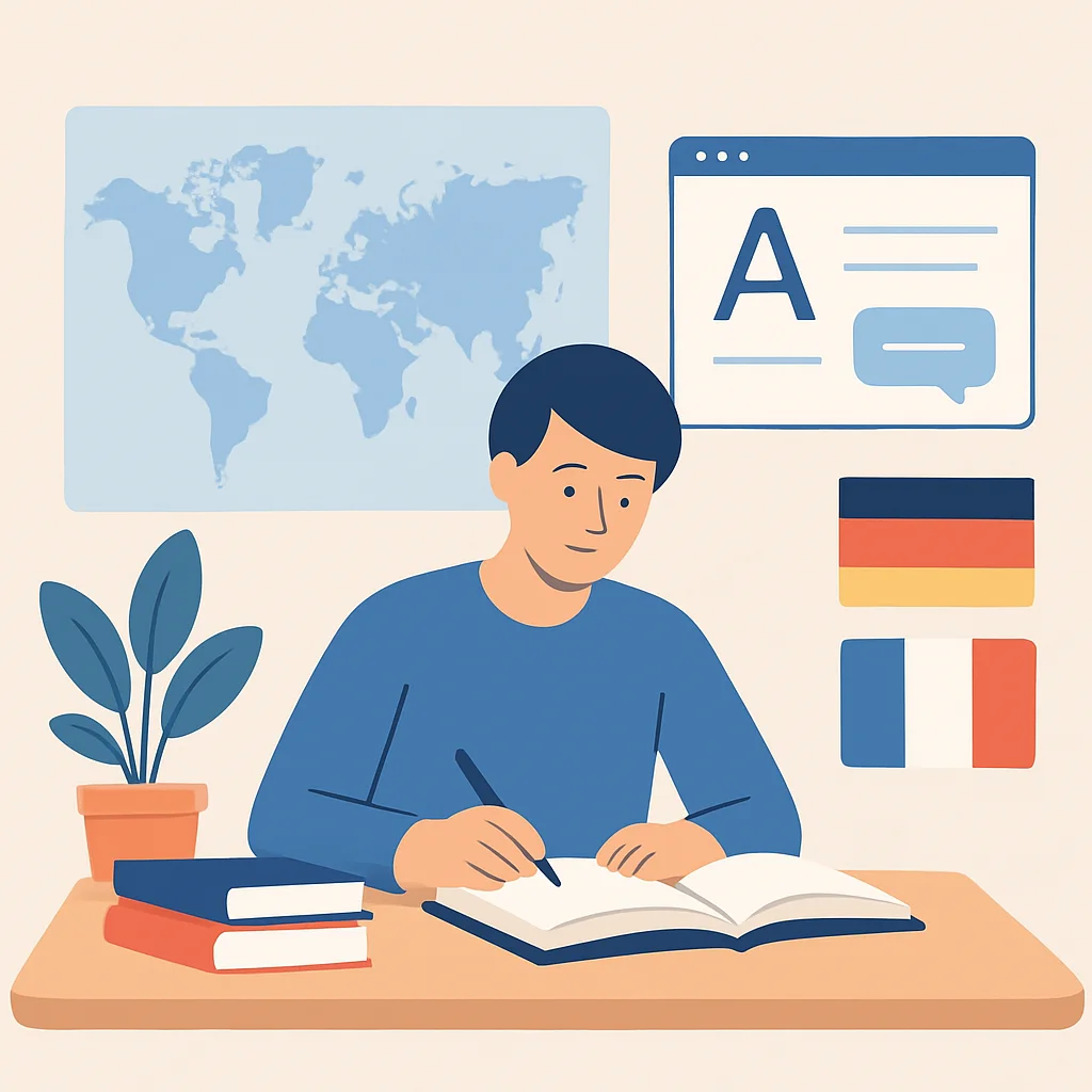 Ilustración de una persona estudiando en casa rodeada de elementos de un idioma extranjero (libros, mapas, banderas, pantallas digitales)
