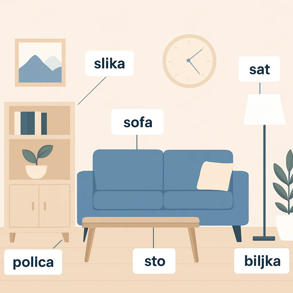Ilustración de una habitación con etiquetas en varios objetos en un idioma extranjero. Las etiquetas deben ser claramente visibles e integradas en la decoración de la habitación, mostrando una aplicación práctica de la técnica de etiquetado.