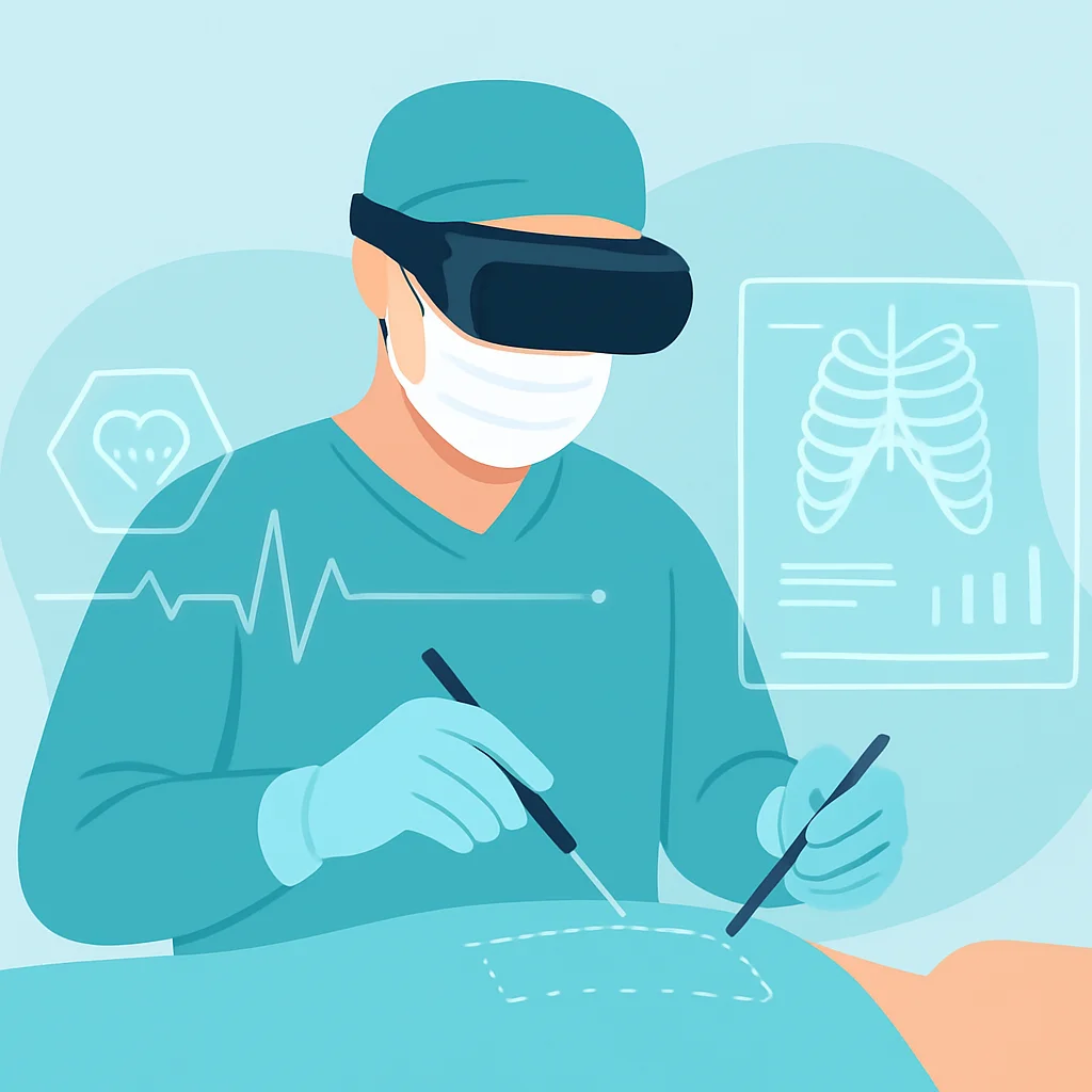 Ilustración de un cirujano usando un visor de realidad mixta durante una operación, con datos médicos holográficos superpuestos.