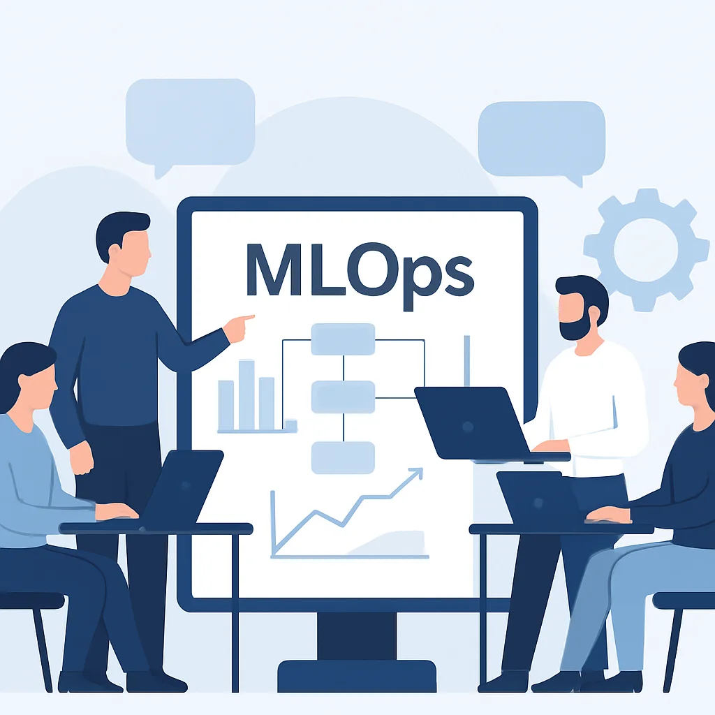 Ilustración de un equipo colaborando en MLOps, mostrando a científicos de datos, ingenieros de ML y DevOps trabajando juntos