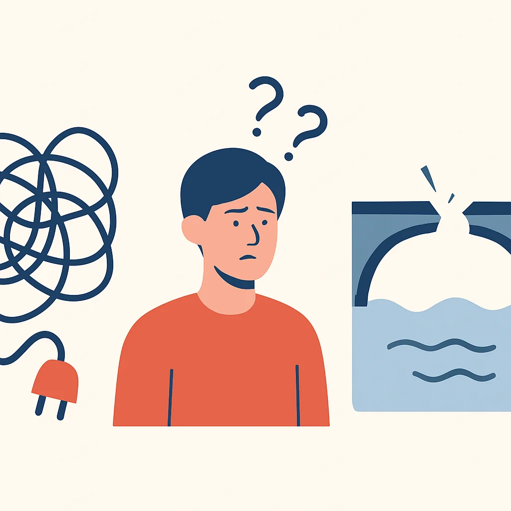 Ilustración de errores comunes en el aprendizaje de idiomas como cables enredados, una persona confundida o un puente roto