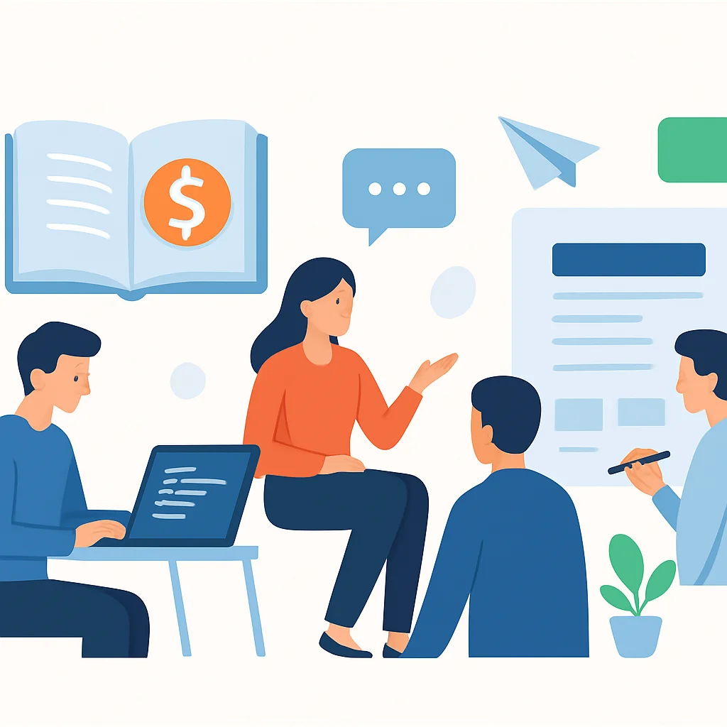 Ilustración de métodos de monetización para desarrolladores (ej. persona programando un ebook, persona haciendo consultoría, persona escribiendo newsletter con logos de patrocinadores).