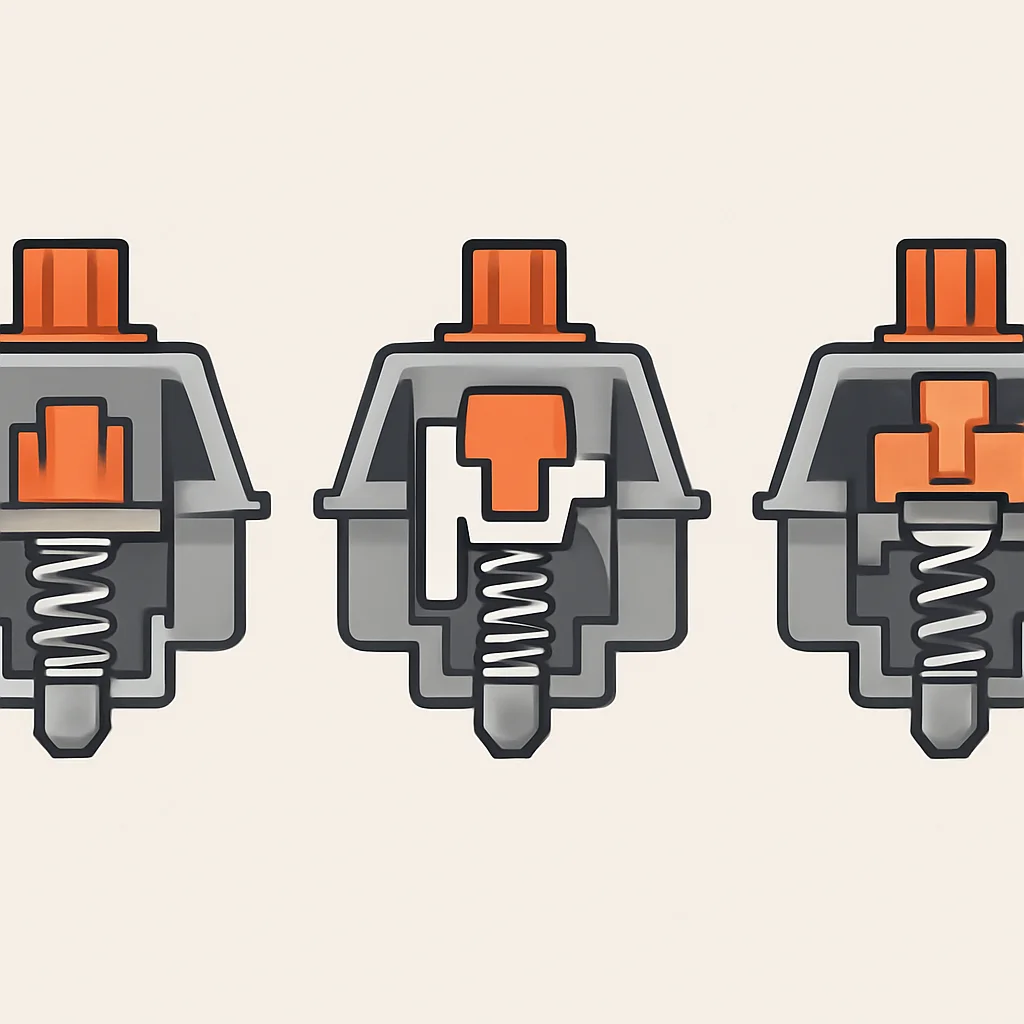 Ilustración del mecanismo interno de un switch de teclado mecánico (comparativa lineal, táctil, clicky)