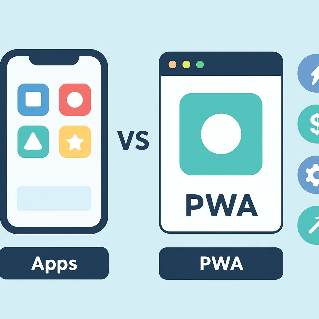 Infografía comparando apps tradicionales con PWAs destacando beneficios