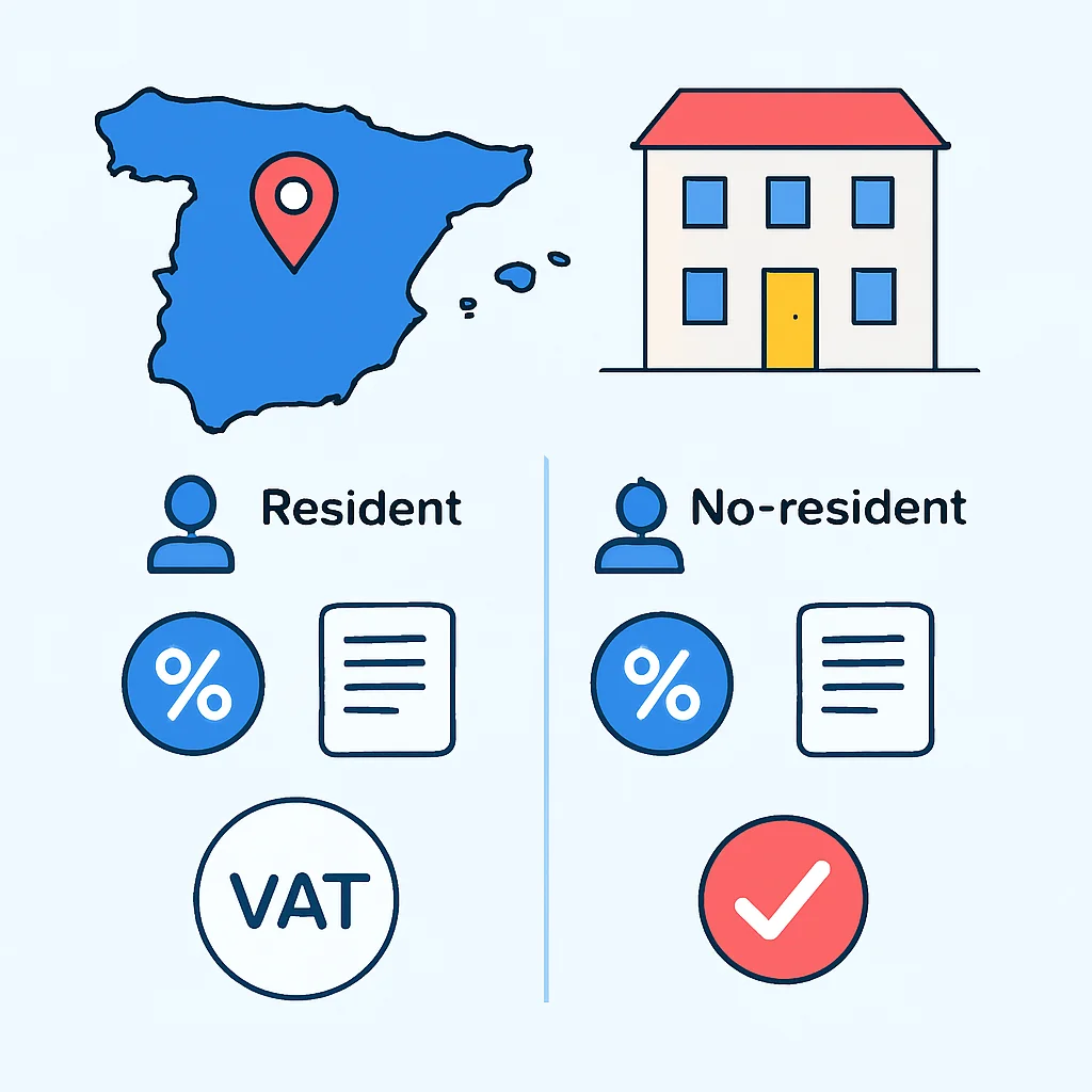 Infografía de obligaciones fiscales para propietarios de alquileres turísticos en España, diferenciando residentes y no residentes, y consideraciones de IVA