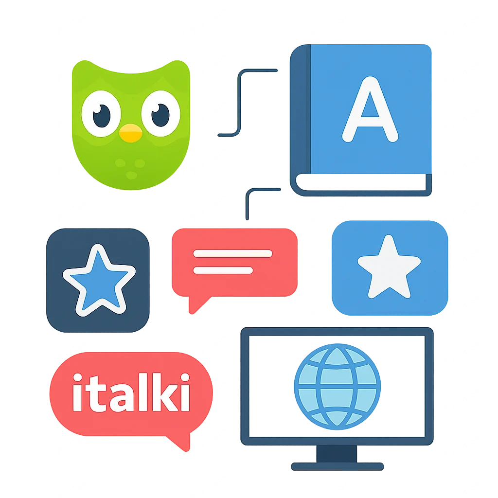 Infografía mostrando iconos de aplicaciones y recursos para aprender idiomas como Duolingo, Anki, Italki
