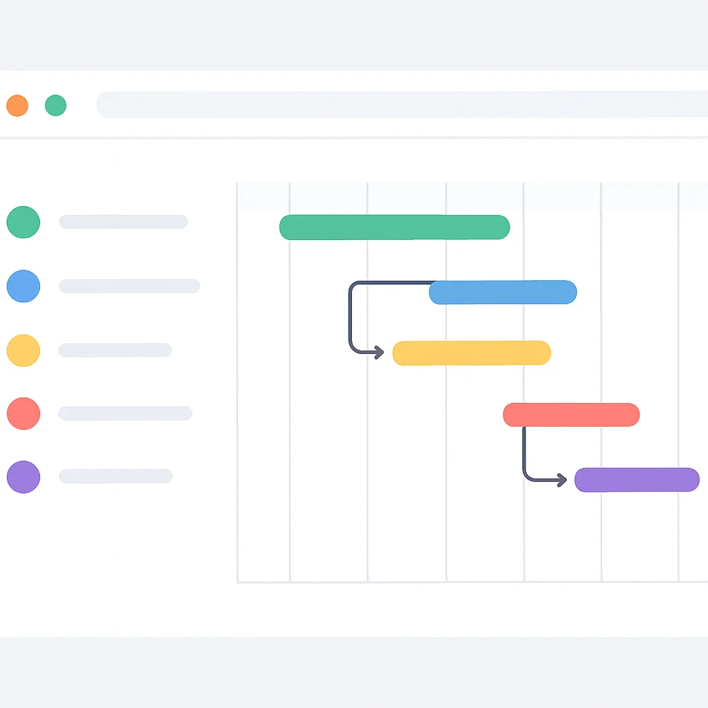 Interfaz de Asana mostrando una vista de cronograma de proyecto con tareas y dependencias